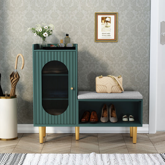 CBJCBJ Modern Storage Bench with Glass Door & Shelf - L-Shaped Entryway Cabinet, Padded Seat for Hallway/Bedroom/Office,Green