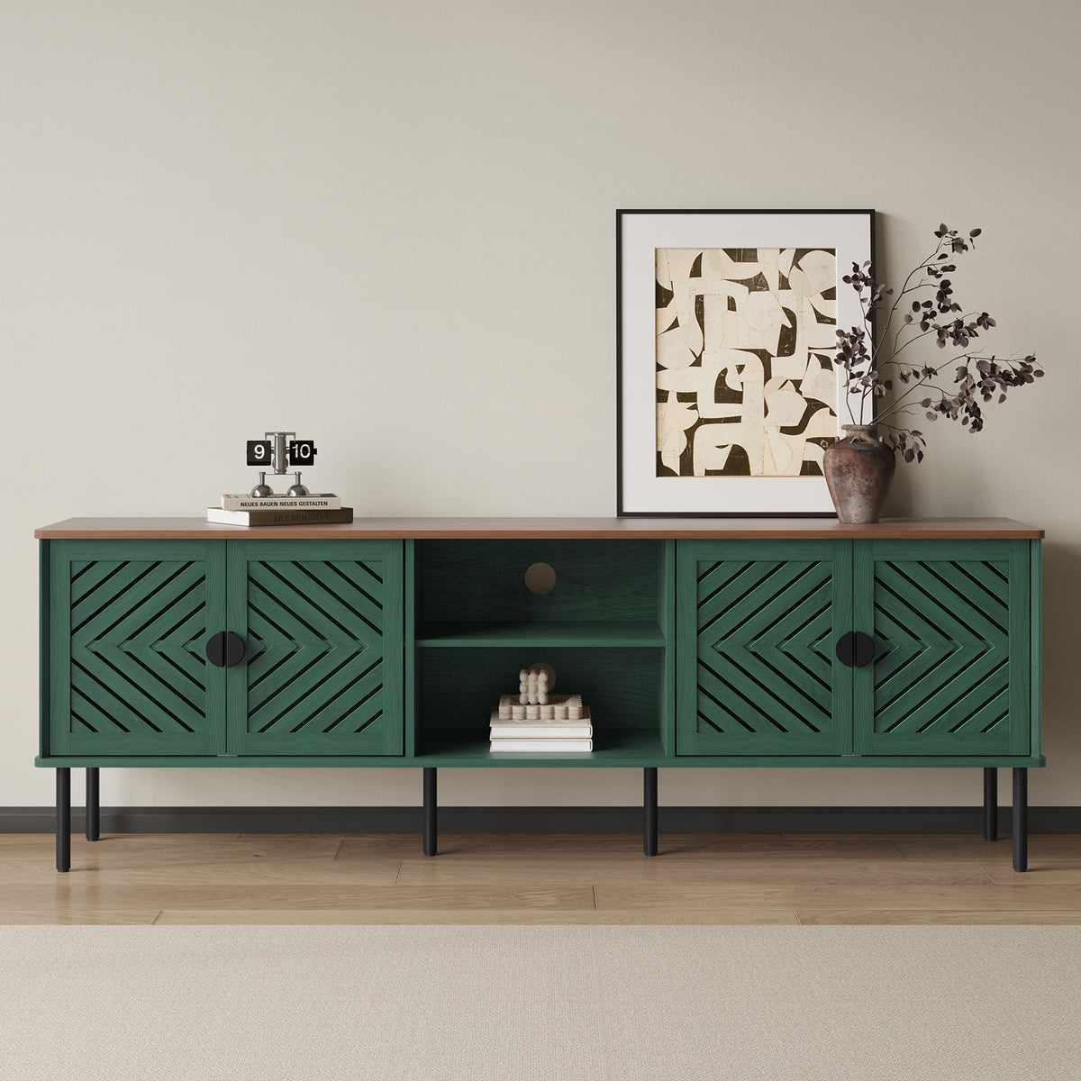 HLR Mid Century Modern 70" Large TV Stand for 80 Inch TV, Entertainment Center with Storage, Green
