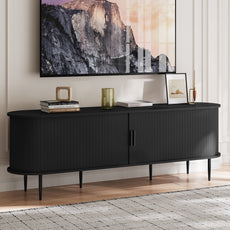 HLR 63" Black TV Stand for 75" TV, Wood Entertainment Center with 2 Sliding Tambour Doors Storage, Mid-Century