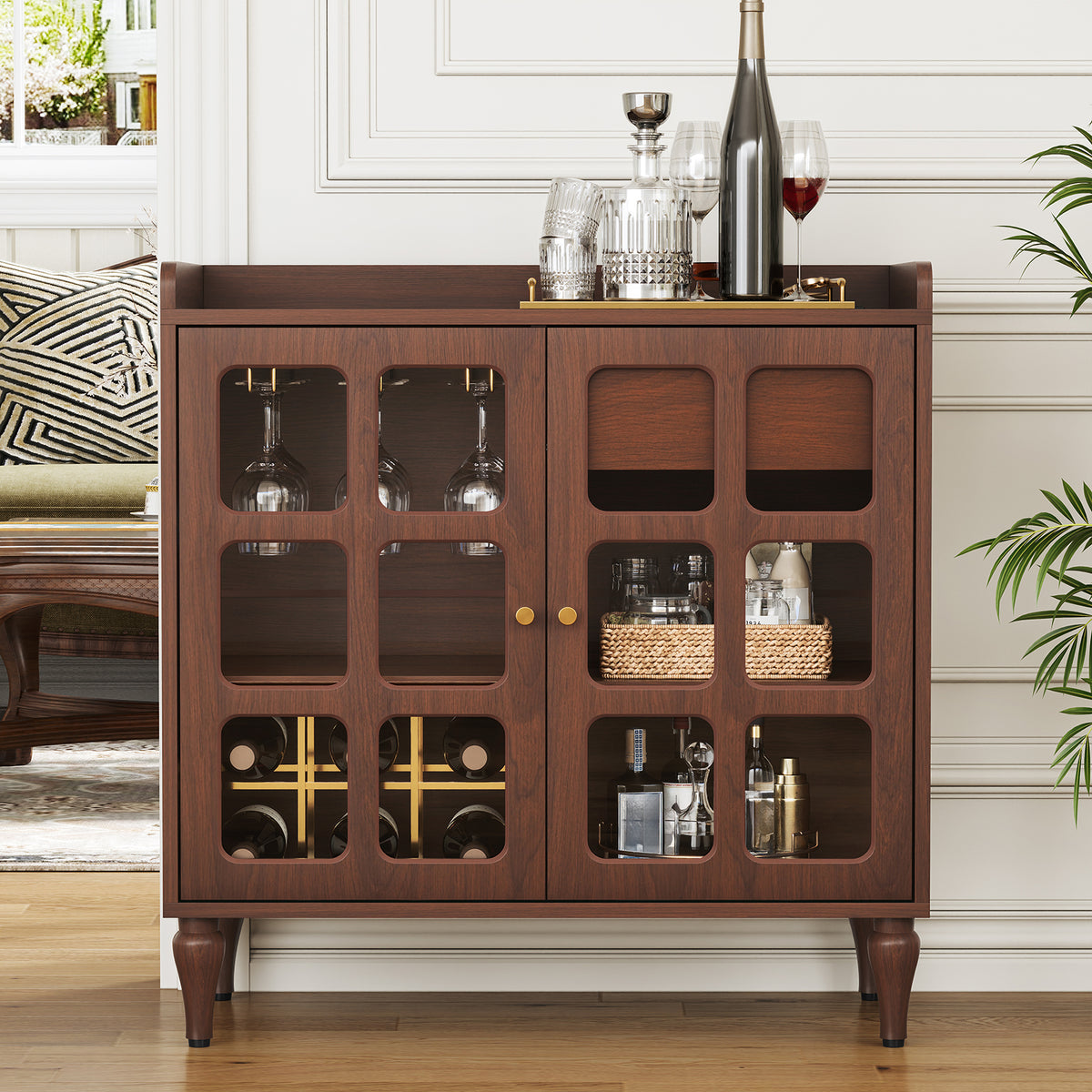 HLR Large Sideboard Buffet Cabinet with Storage, 32" Mid-Century Brown Coffee Wine Bar with 2 Glass Doors, Outlets