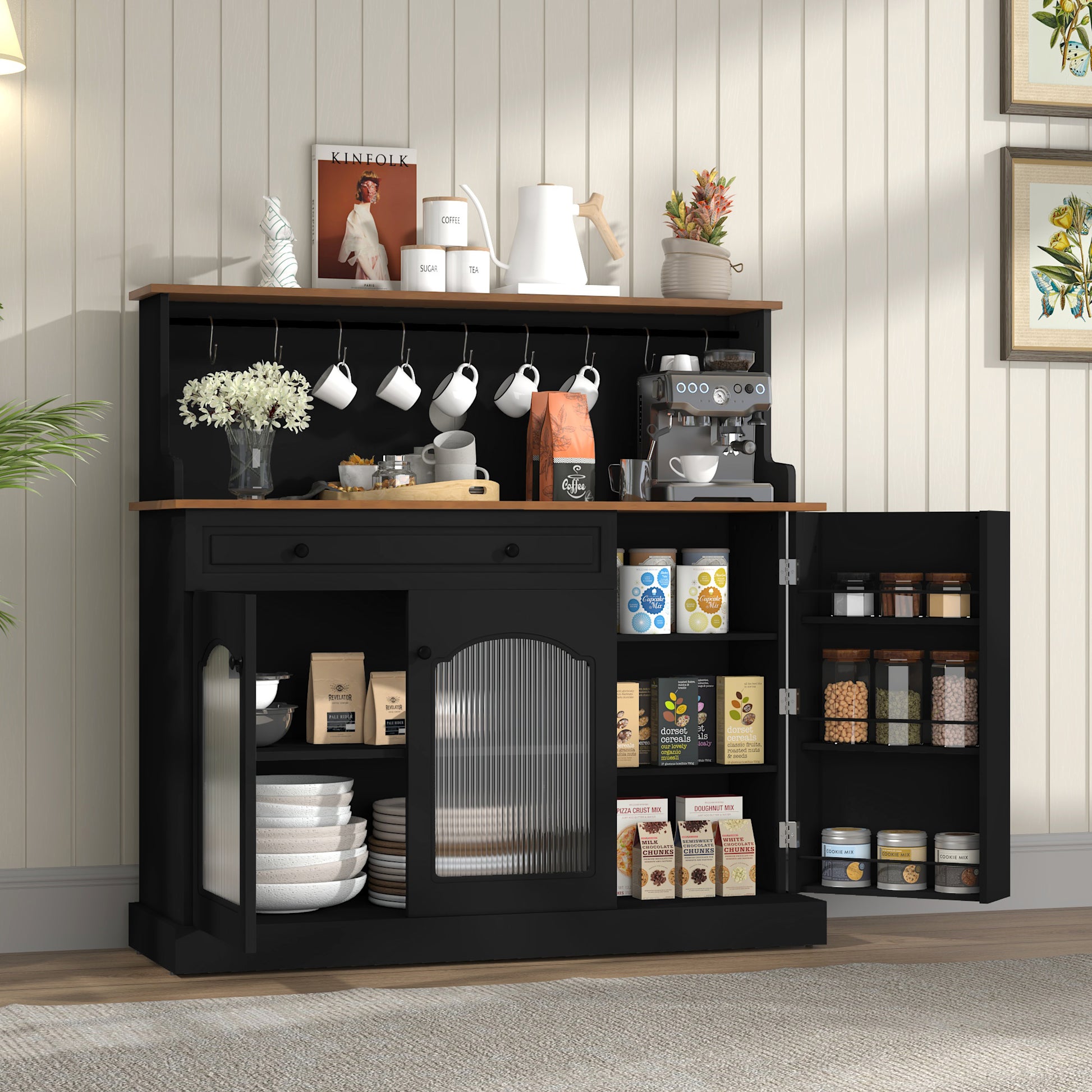 HLR 48" Modern Wood Kitchen Pantry Cabinet, Coffee Bar with Drawer & Microwave Stand, Dining Room, Black