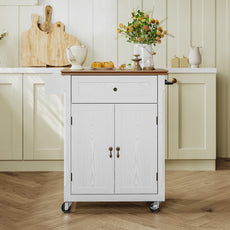 HLR Small Kitchen Islands Table with Storage, Rolling Wood Microwave Cart on Wheels for Dining Room, White