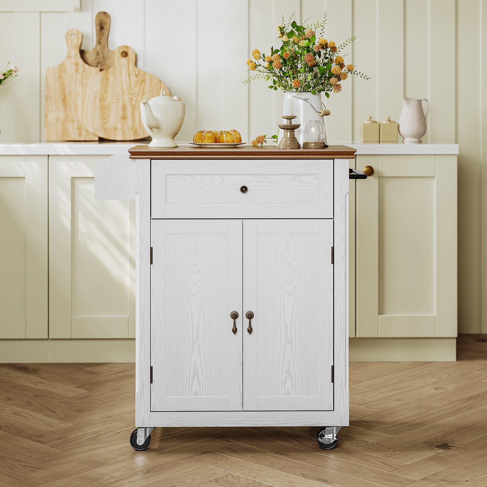 HLR Small Kitchen Islands Table with Storage, Rolling Wood Microwave Cart on Wheels for Dining Room, White
