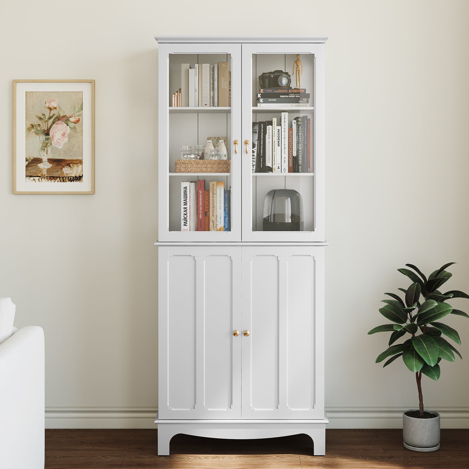 CBJCBJ Modern Bookcase with Storage, Display Cabinet with Glass Doors, Storage Cabinet with Adjustable Shelves,White