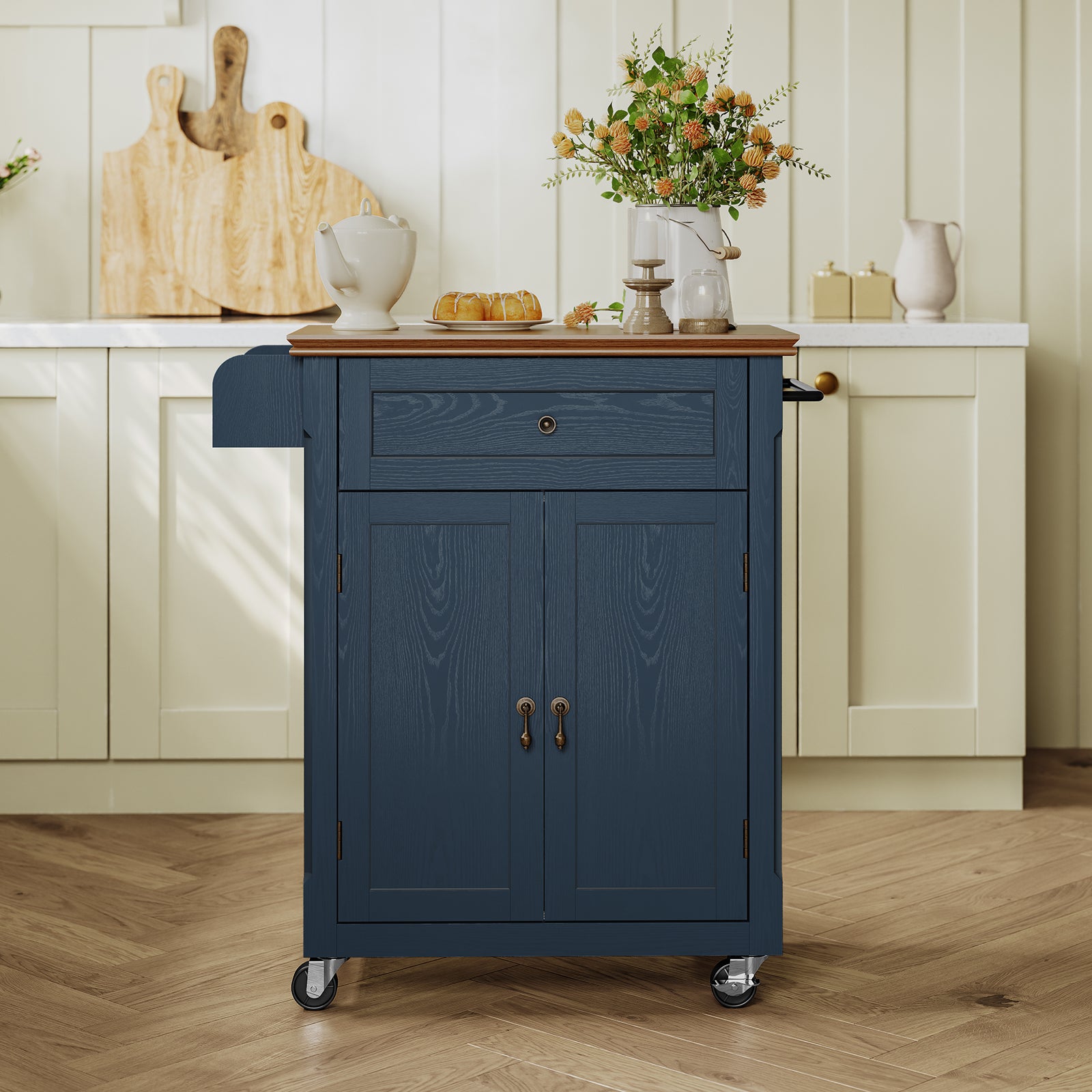 HLR Small Kitchen Islands Table with Storage, Rolling Wood Microwave Cart on Wheels for Dining Room, Blue