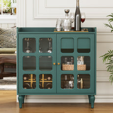 HLR Large Sideboard Buffet Cabinet with Storage, 32" Mid-Century Green Coffee Wine Bar with 2 Glass Doors, Outlets