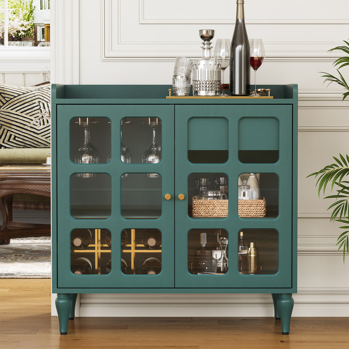 HLR Large Sideboard Buffet Cabinet with Storage, 32" Mid-Century Green Coffee Wine Bar with 2 Glass Doors, Outlets