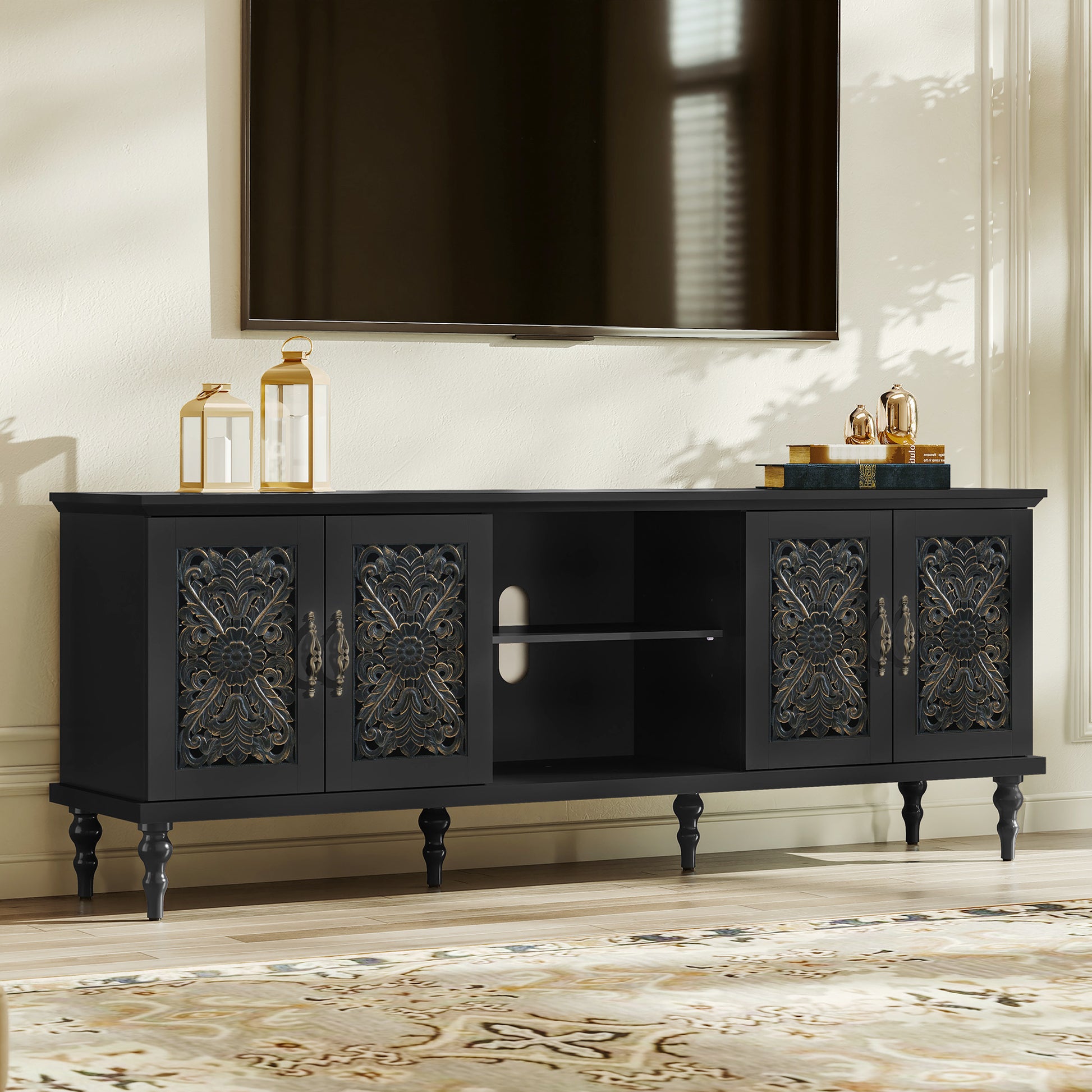 CBJCBJ Retro 67" TV Stand for TVs up to 75", Living Room Entertainment Center with 4 Door Storage Cabinet,Black