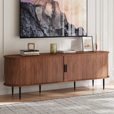 HLR 63" Brown TV Stand for 75" TV, Wood Entertainment Center with 2 Sliding Tambour Doors Storage, Mid-Century