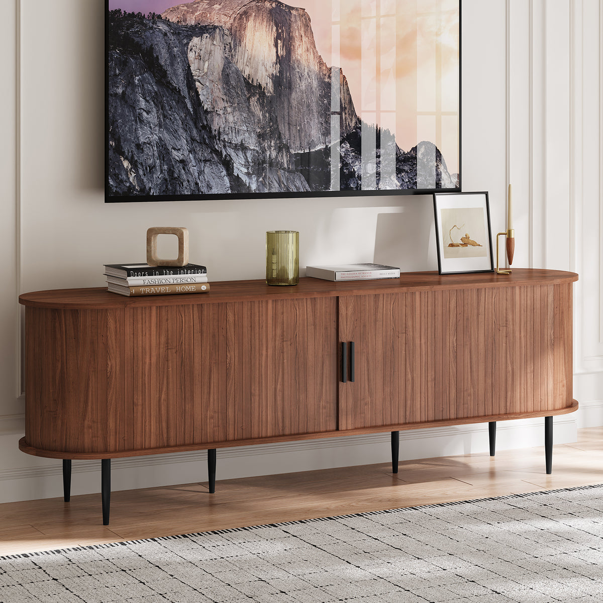 HLR 63" Brown TV Stand for 75" TV, Wood Entertainment Center with 2 Sliding Tambour Doors Storage, Mid-Century