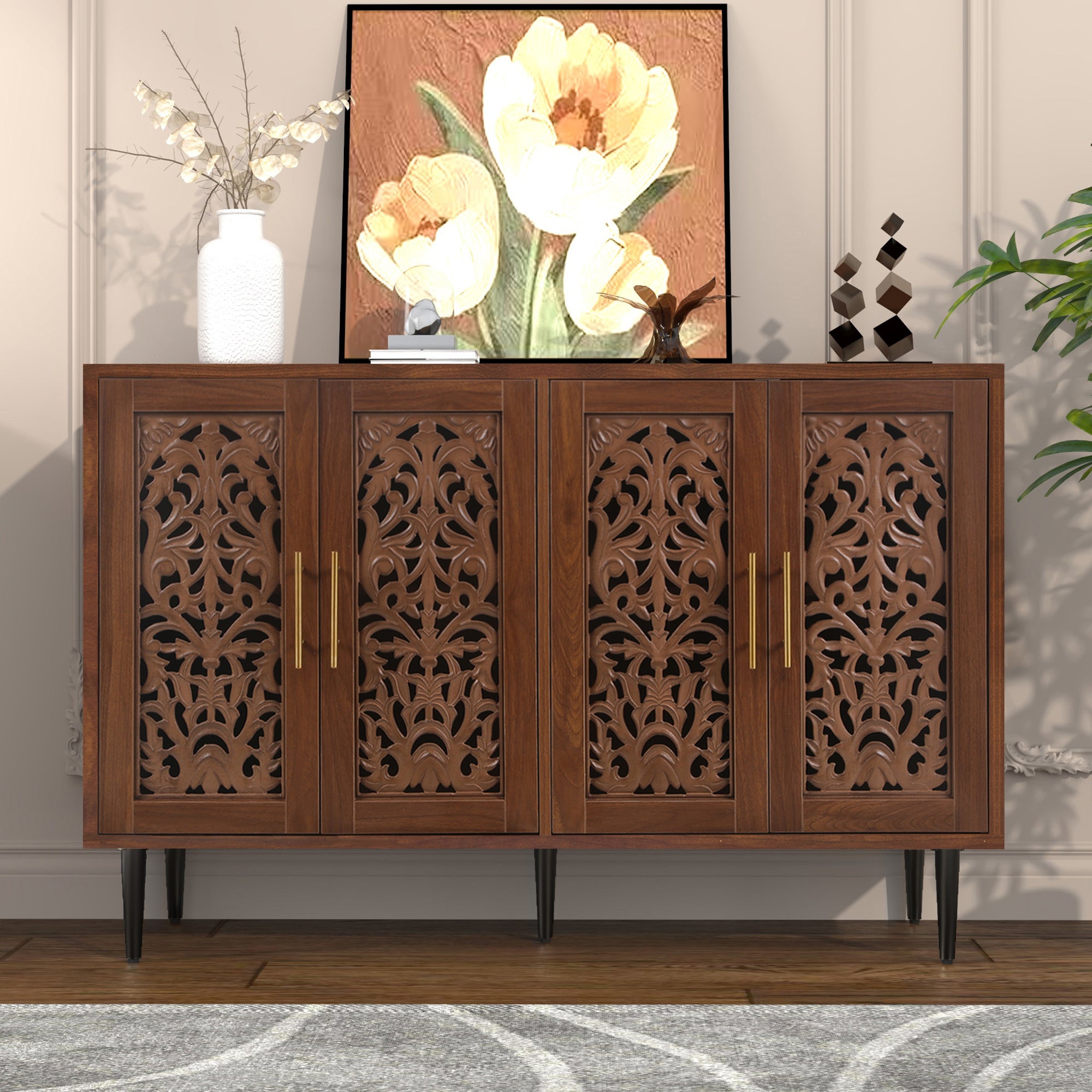 CBJCBJ 48″ Retro Storage Cabinet with 4 Doors, Hollow Carved Buffet Hutch for Living Room, Kitchen, Dining & Entryway, Vintage Decorative Organizer (BROWN)