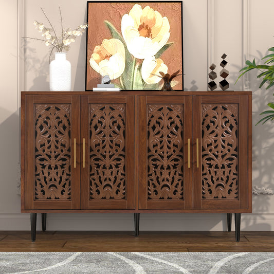 CBJCBJ 48″ Retro Storage Cabinet with 4 Doors, Hollow Carved Buffet Hutch for Living Room, Kitchen, Dining & Entryway, Vintage Decorative Organizer (BROWN)