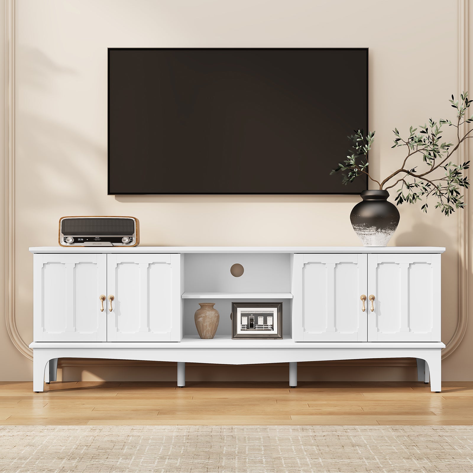 CBJCBJ Retro 67" TV Stand for TVs up to 70", Living Room Entertainment Center with 4 Door Storage Cabinet,White