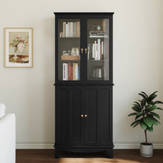CBJCBJ Modern Bookcase with Storage, Display Cabinet with Glass Doors, Storage Cabinet with Adjustable Shelves,Black