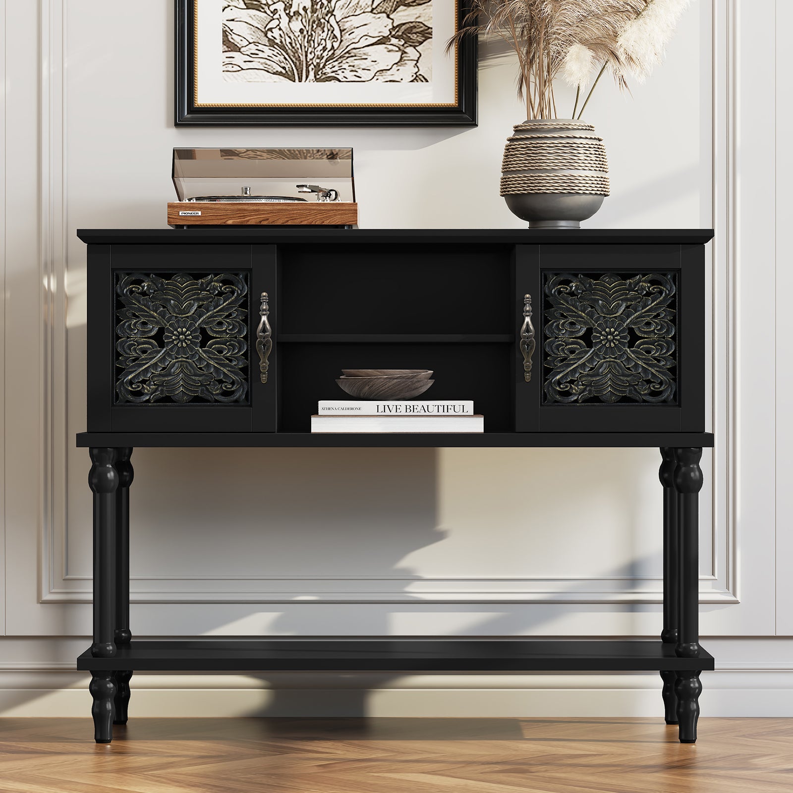 HLR Modern 42" Console Table with Storage, Entryway Table Wood Behind Couch with Shelves for Living Room, Black