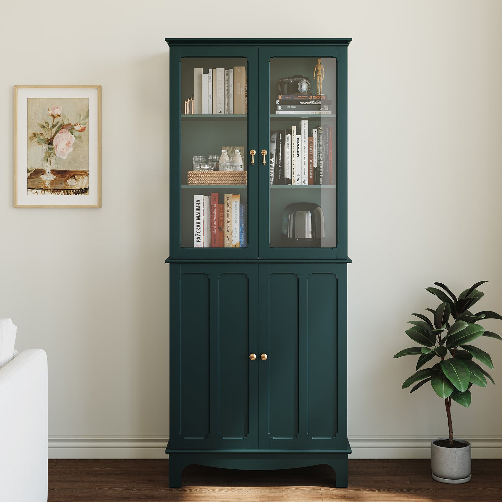 CBJCBJ Modern Bookcase with Storage, Display Cabinet with Glass Doors, Storage Cabinet with Adjustable Shelves,Green