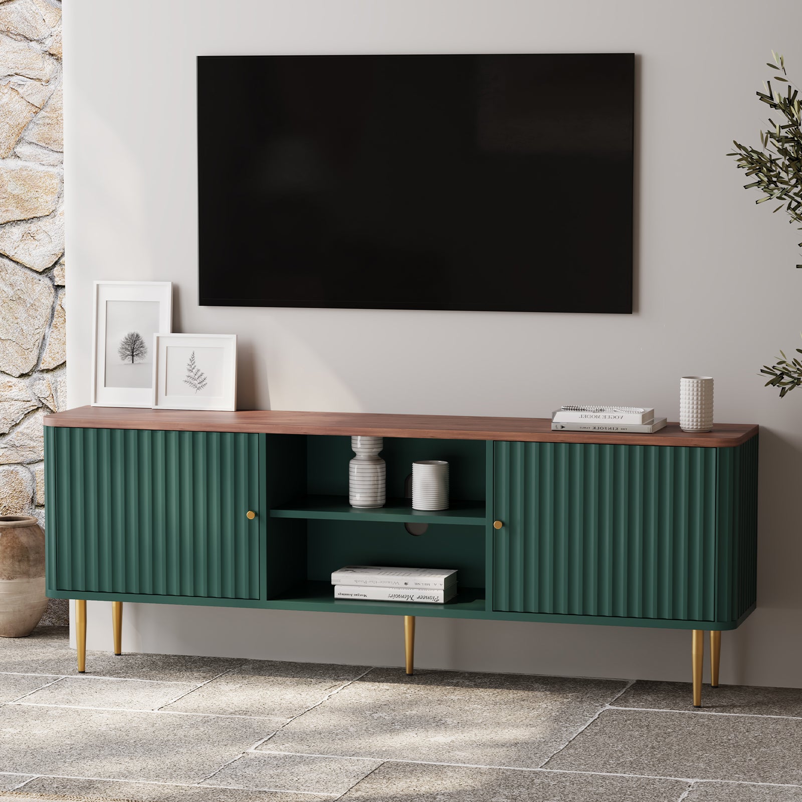 HLR 67 In Fluted TV Stand for TVs Up to 75 Inch, Mid Century Modern Entertainment Center with Storage, Green