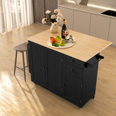 HLR 50.39" Kitchen Islands with Storage, Wood Top Cart with Drop Leaf and Wheels,Black