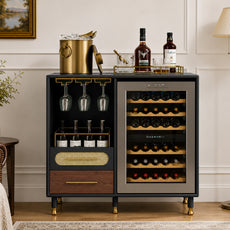 HLR Modern Coffee Bar Cabinet with Space for Mini Fridge and Rattan Drawer, Black