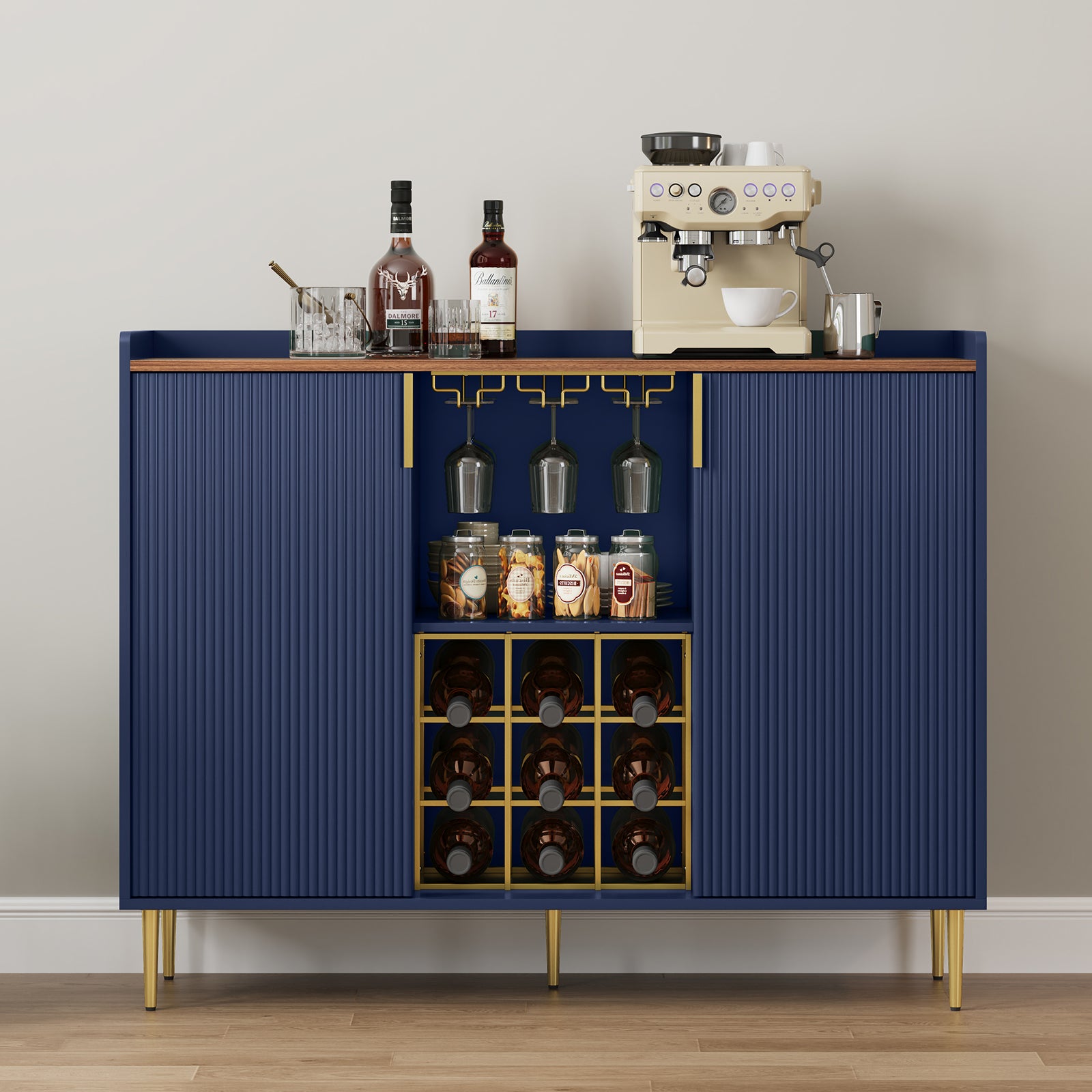 HLR 47.2" Coffee Wine Bar Cabinet with 2 Door, Modern Buffet Sideboard Table for Dining Room, Navy Blue