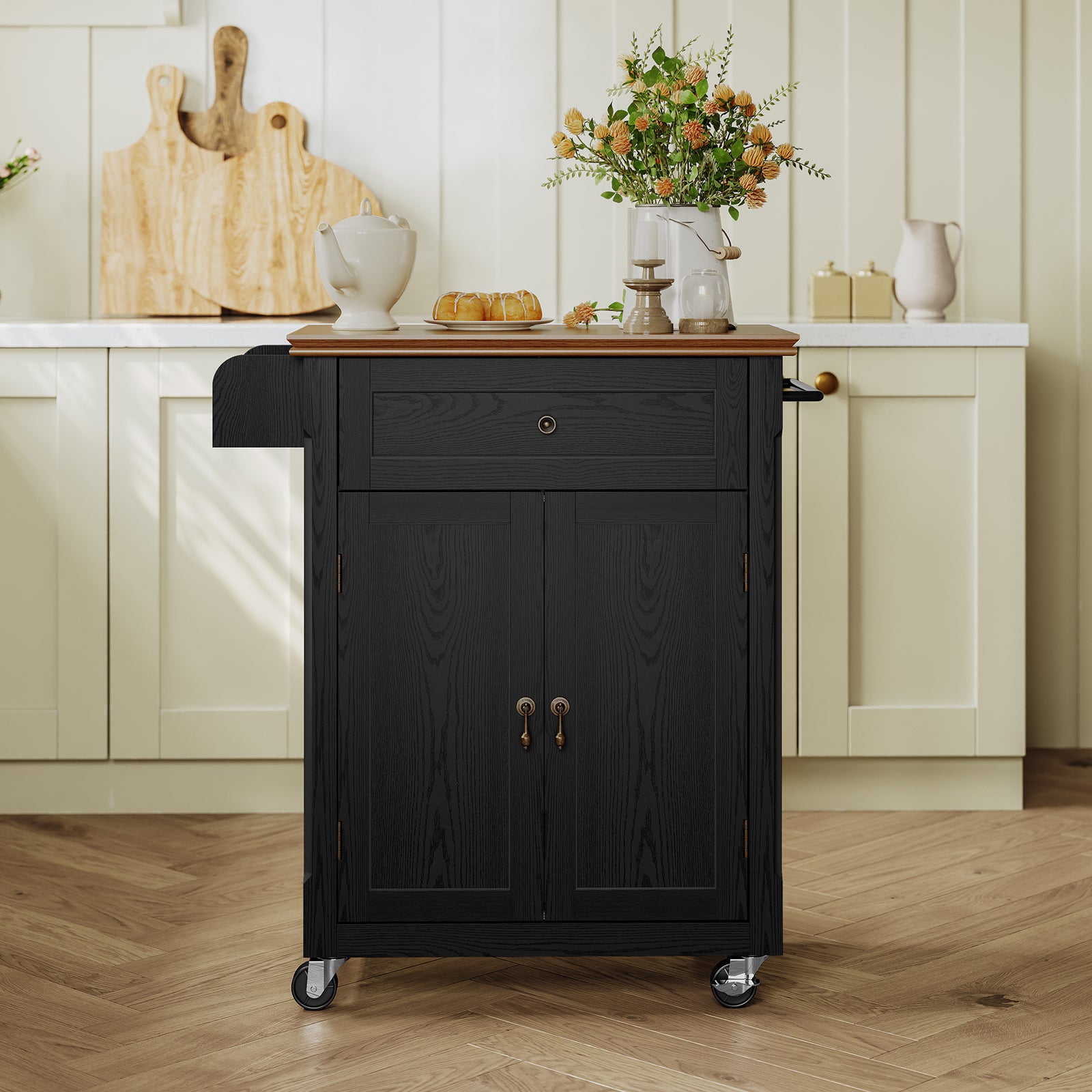 HLR Small Kitchen Islands Table with Storage, Rolling Wood Microwave Cart on Wheels for Dining Room, Black