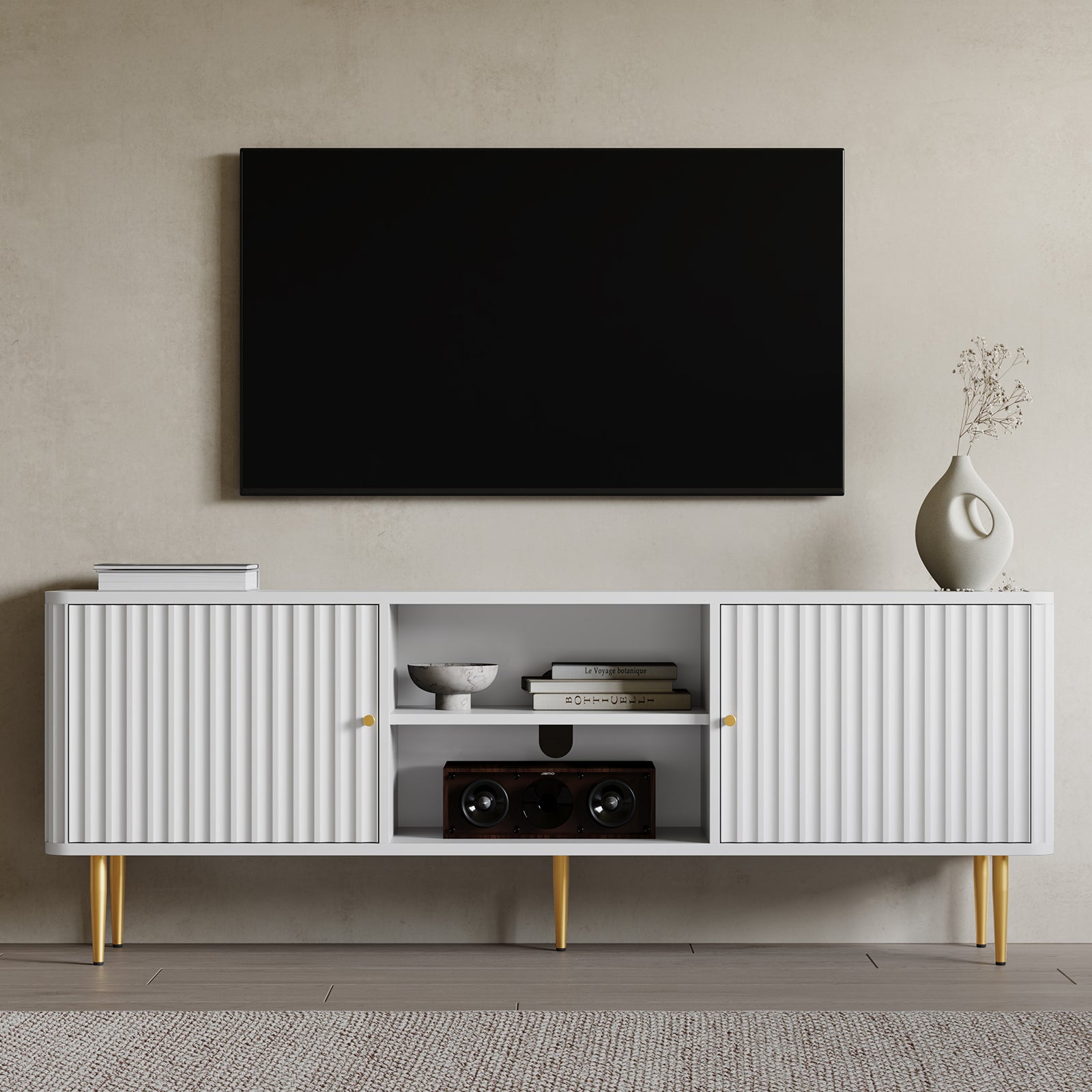 CBJCBJ Modern Fluted 67" TV Stand for 75inch TV with Storage, Entertainment Center for Living Room,White