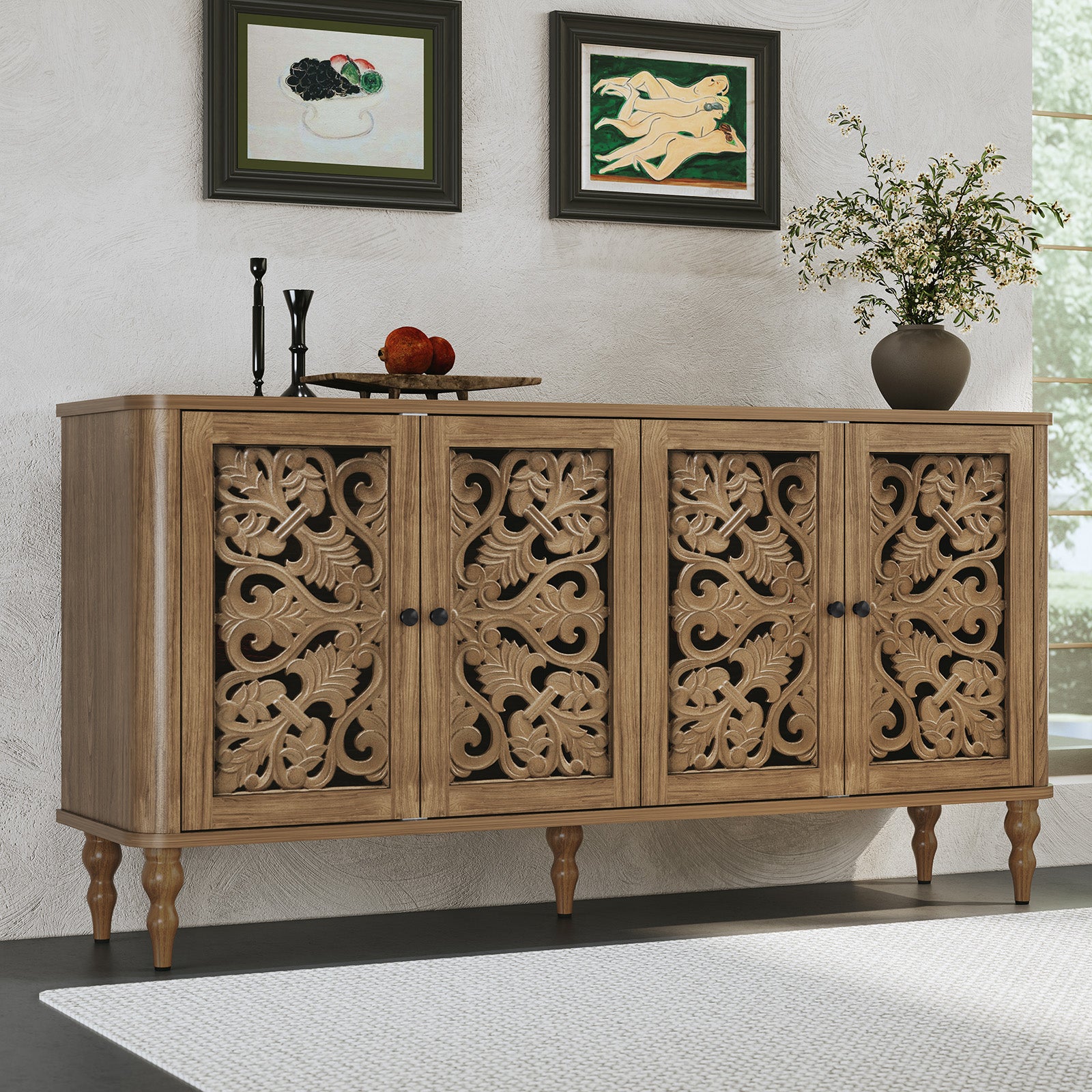 HLR 63" Mid Century Rounded Corners Sideboards Buffets Cabinet with 4 Doors Storage for Kitchen Dining, Brown