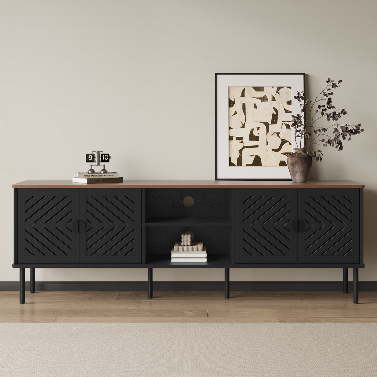 HLR Mid Century Modern 70" Large TV Stand for 80 Inch TV, Entertainment Center with Storage, Black