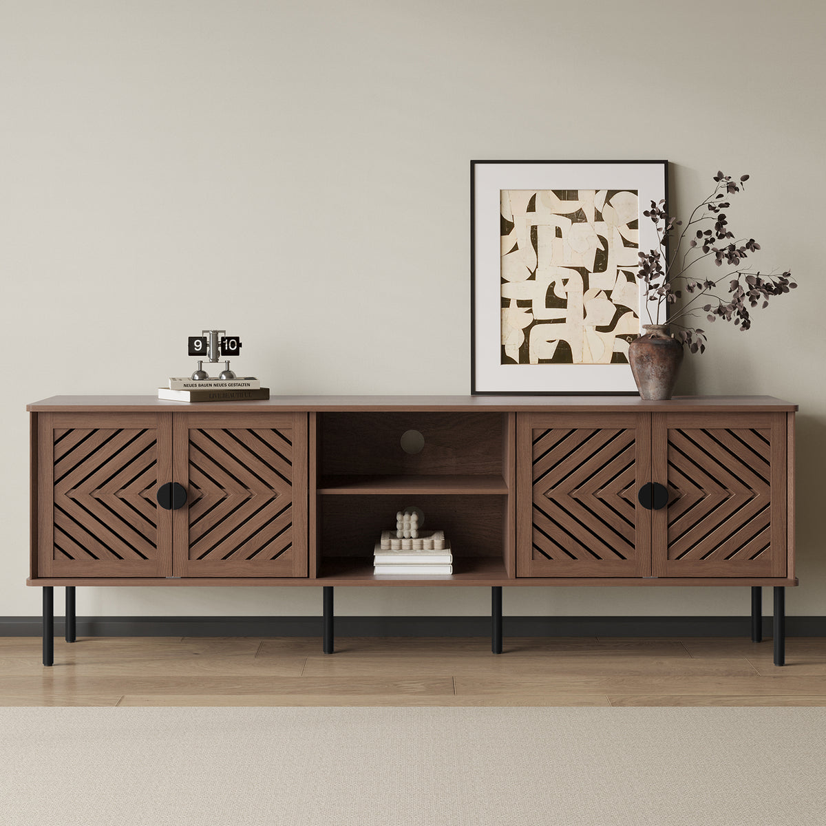 HLR Mid Century Modern 70" Large TV Stand for 80 Inch TV, Entertainment Center with Storage, Brown