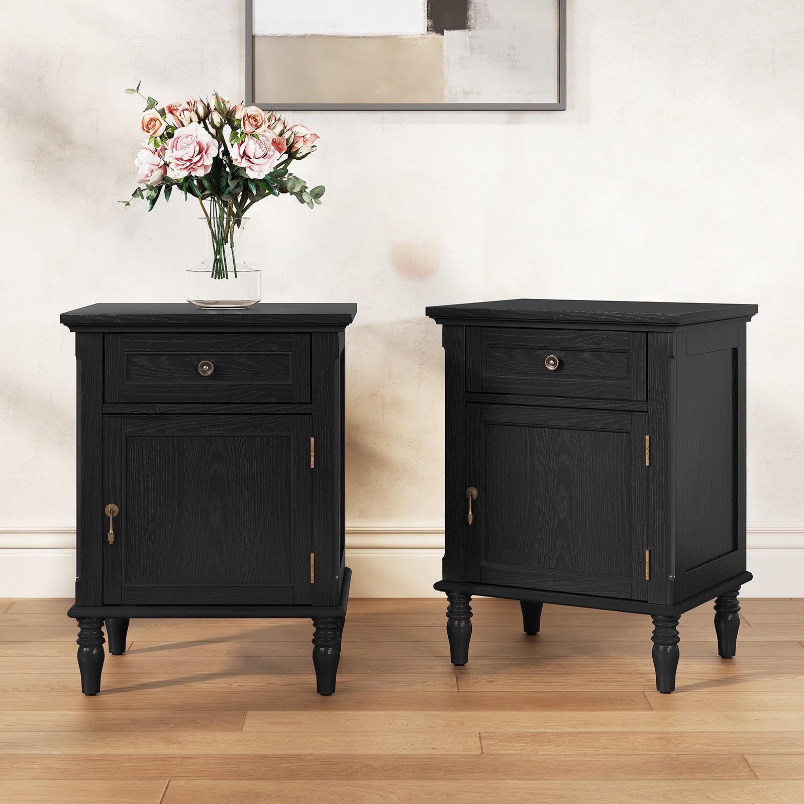 HLR 25"H Nightstands Set of 2, Modern Retro Bedside Table with Drawer, End Table for Bedroom, Black