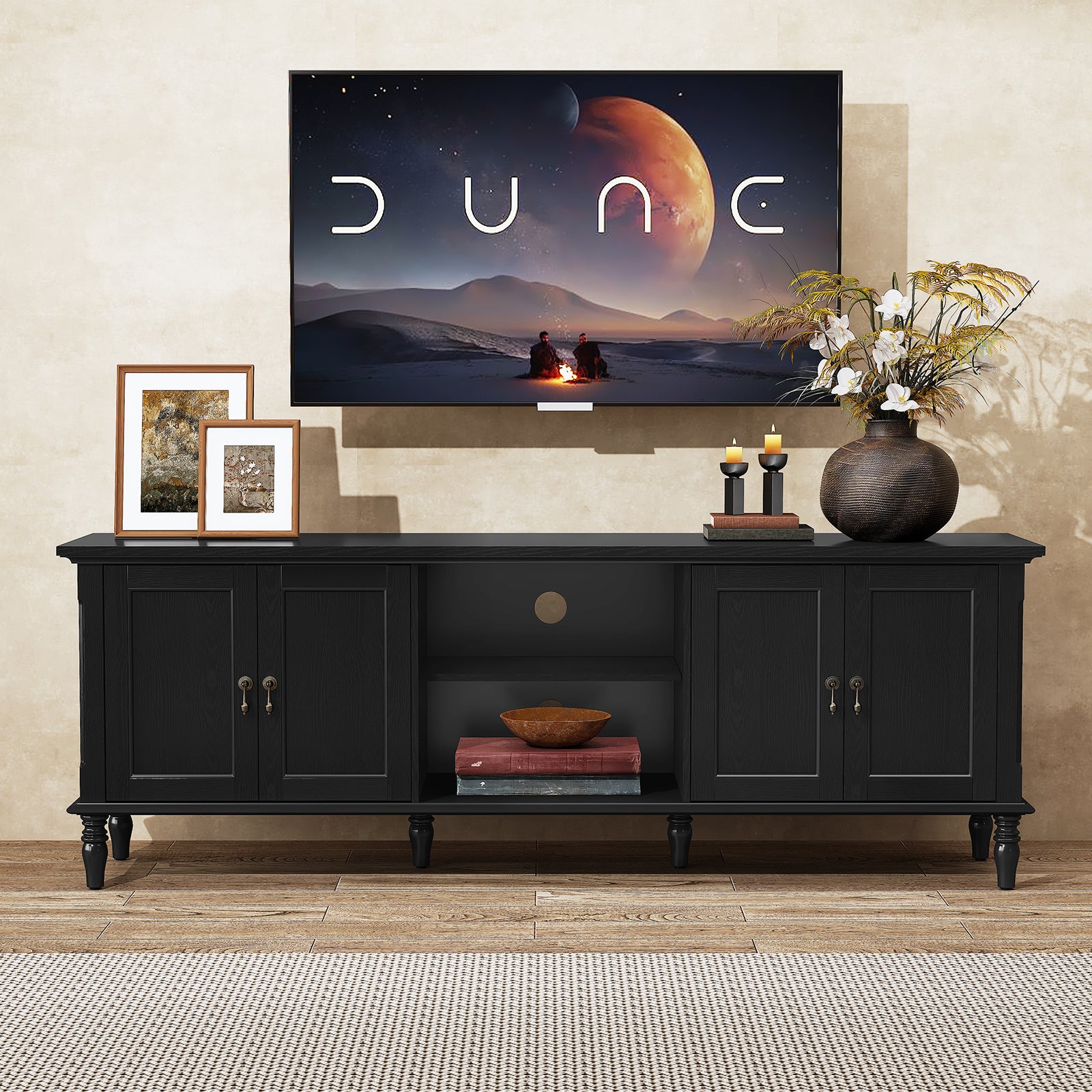 HLR 67" TV Stand, for TVs up to 75", Mid-Century Wood Entertainment Center for Living Room, Black