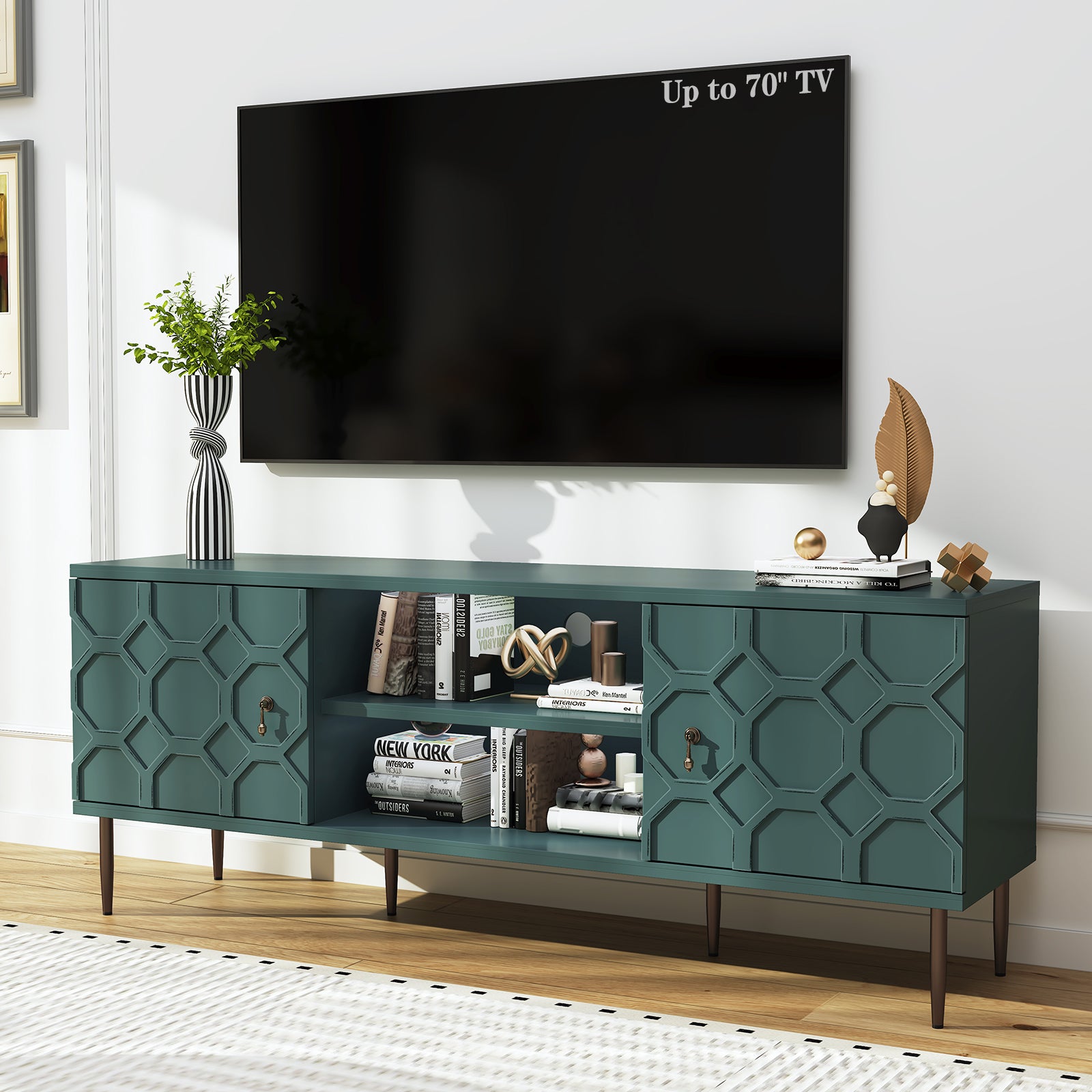 CBJCBJ Entertainment Center Console with 4 Doors and 2 Open Shelves for TV up to 75+ Inch, Green
