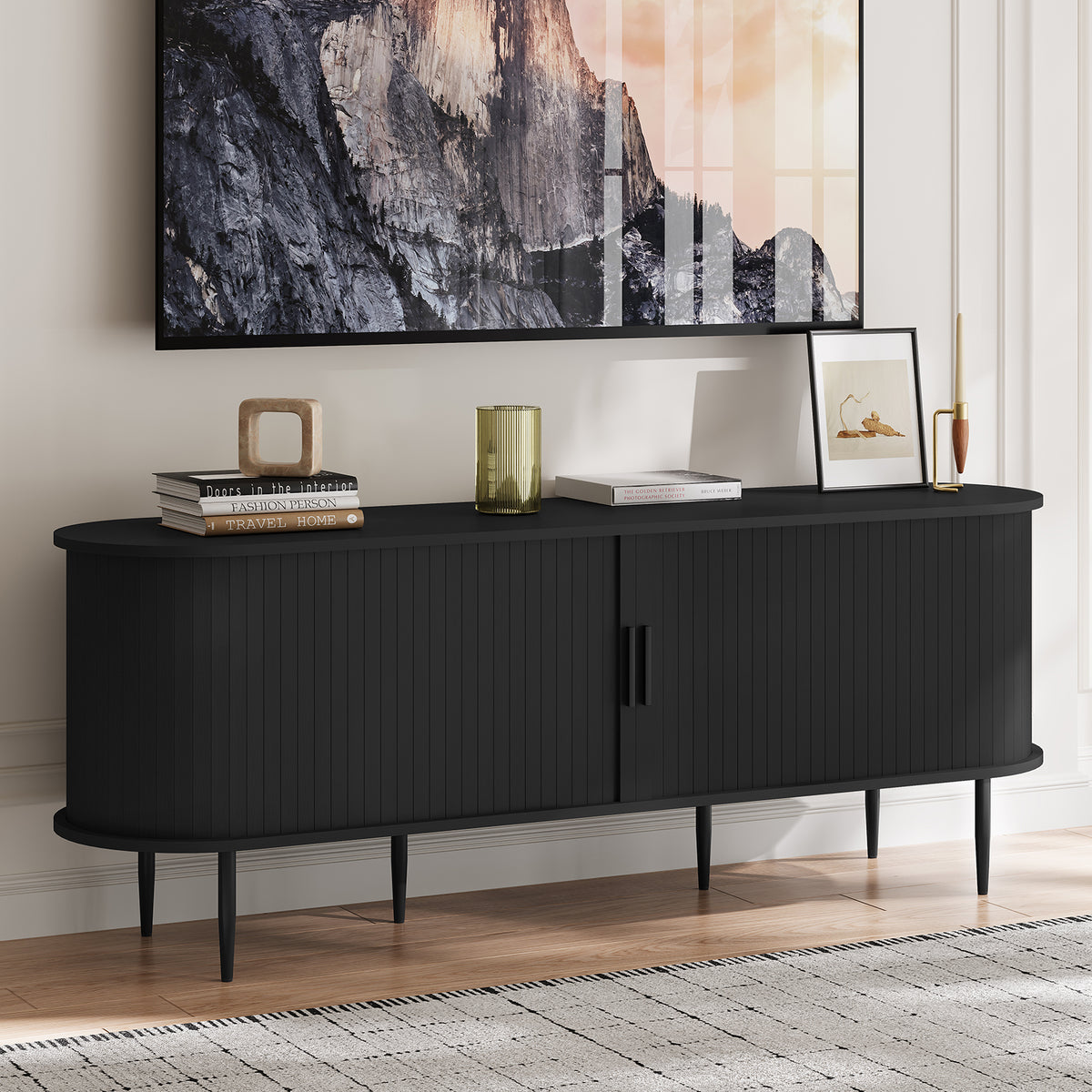 HLR 55" Black TV Stand for 65" TV, Wood Entertainment Center with 2 Sliding Tambour Doors Storage, Mid-Century