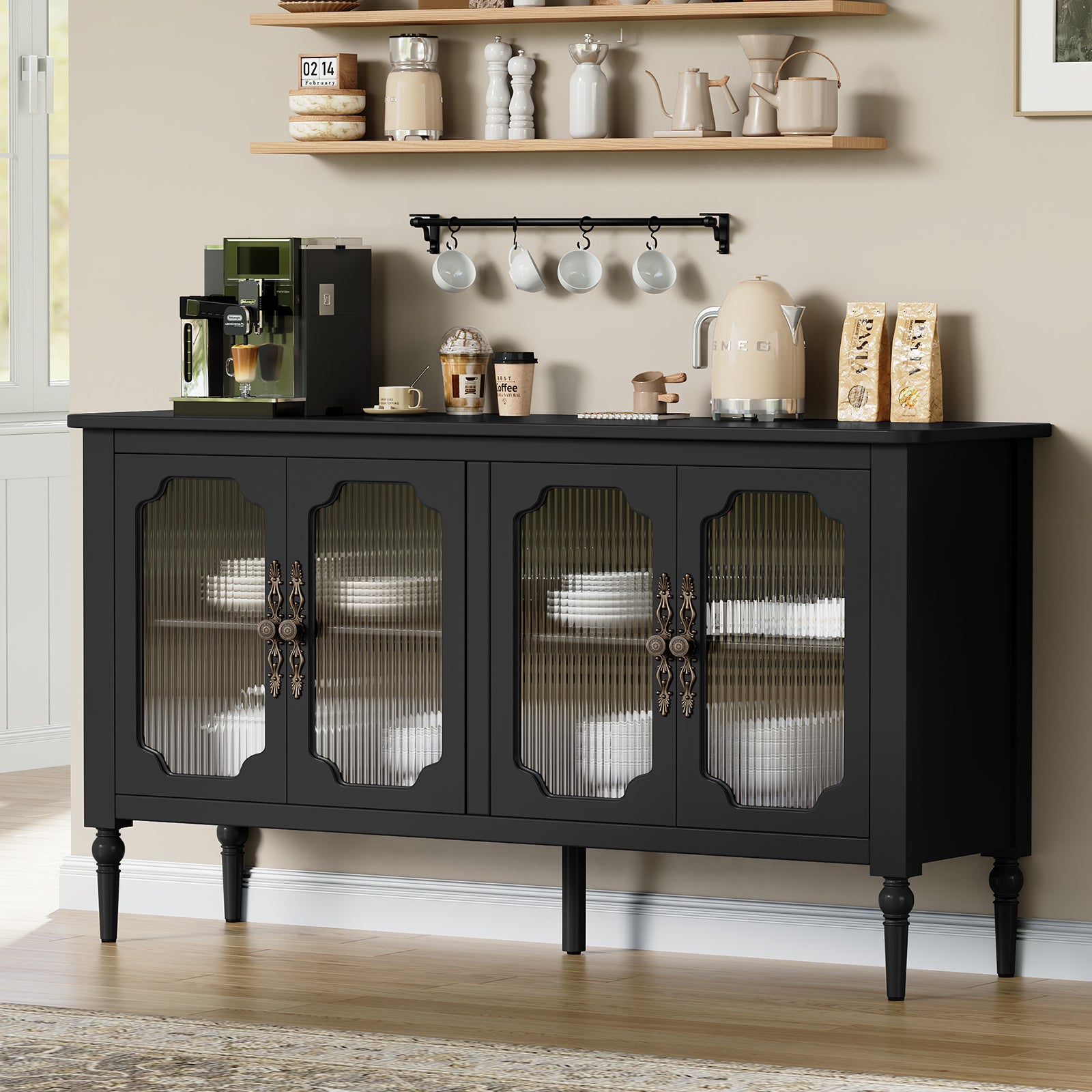 HLR 58'' Large Sideboard Buffet Cabinet with Storage, 4 Glass Modern Credenza Table for Kitchen, Black