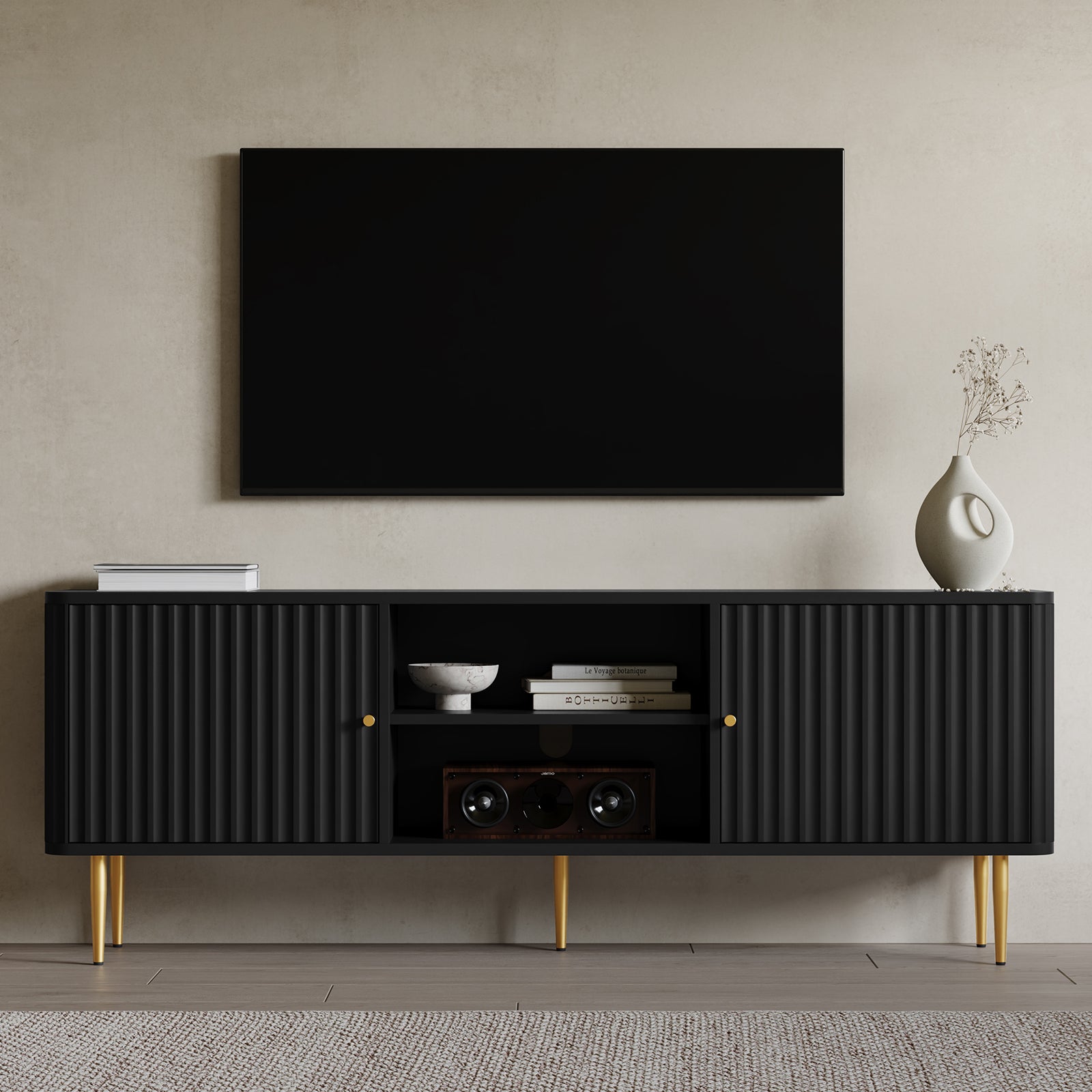 CBJCBJ Modern Fluted 67" TV Stand for 75" TV with Storage, Entertainment Center for Living Room,Black