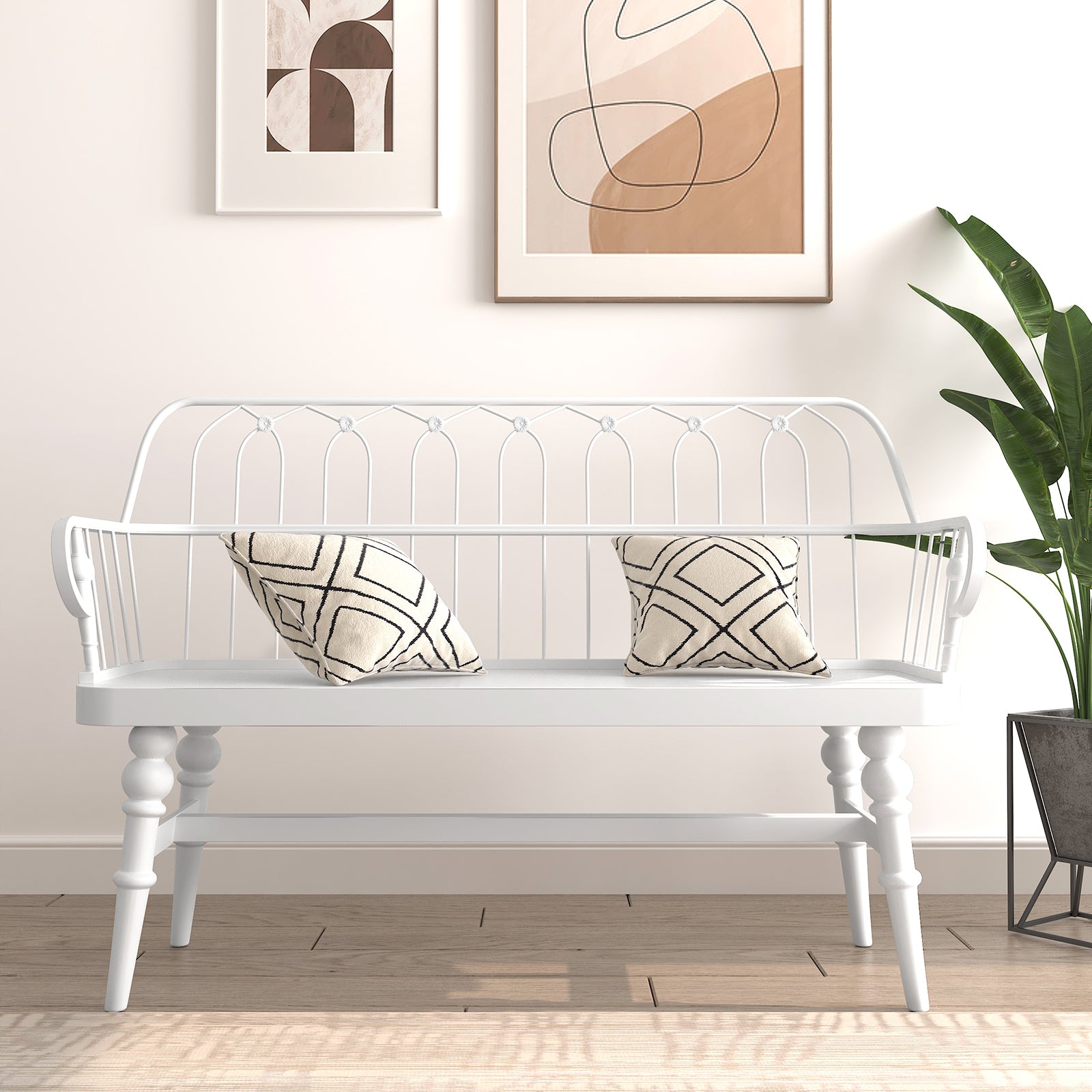 HLR Farmhouse Entryway Bench, Spindle Back Support Wood Dining Benches for Living Room, Mudroom, White