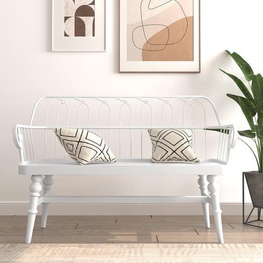 HLR Farmhouse Entryway Bench, Spindle Back Support Wood Dining Benches for Living Room, Mudroom, White