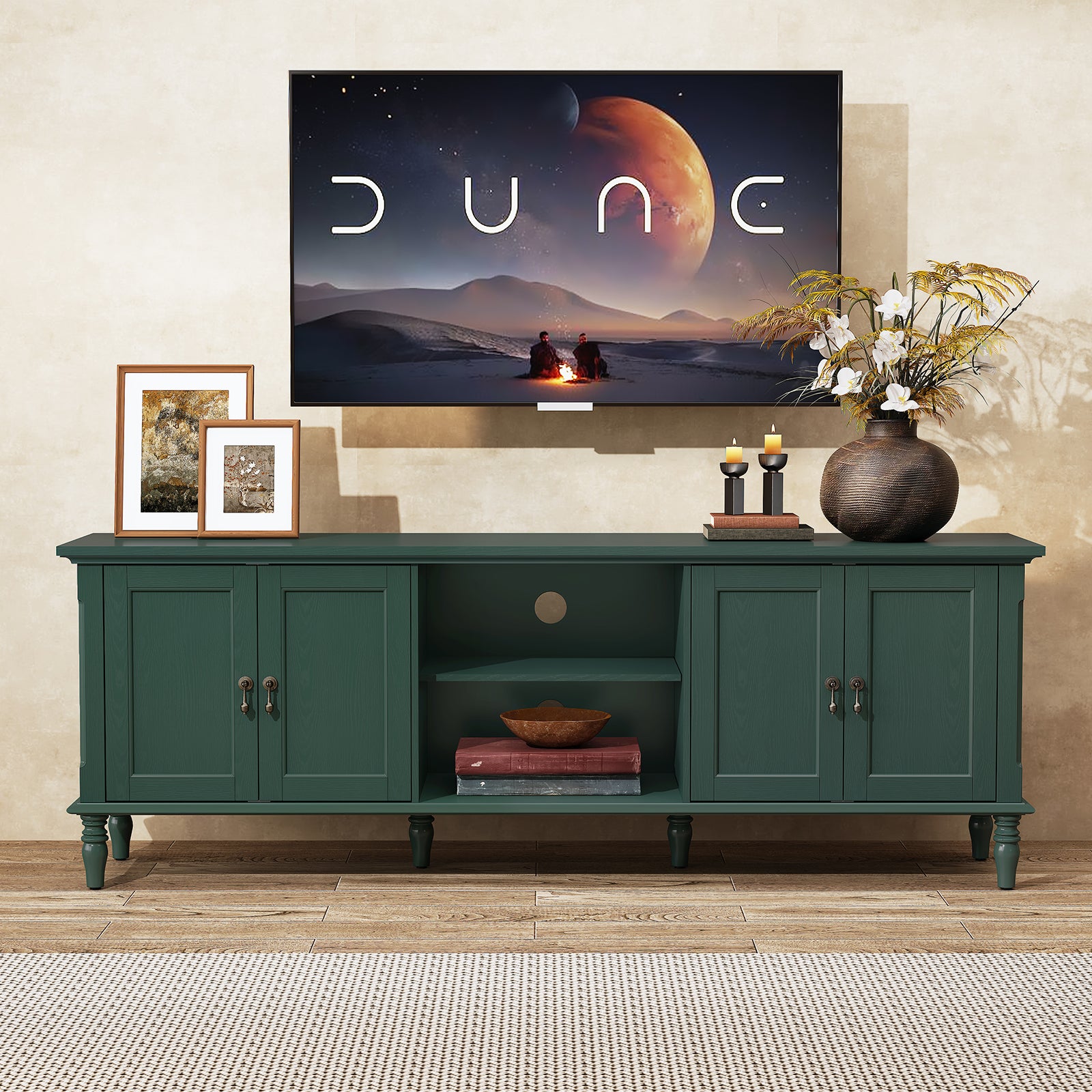 HLR 67" TV Stand, for TVs up to 75", Mid-Century Wood Entertainment Center for Living Room, Green