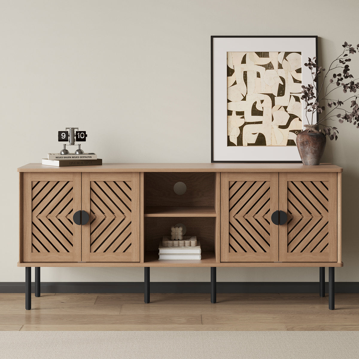 HLR Mid Century Modern 55" TV Stand for 65 Inch TV, Entertainment Center with Storage, Walnut