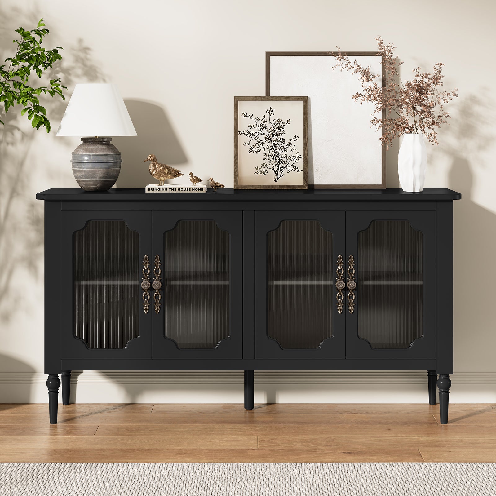 CBJCBJ Retro 58'' Wood Sideboard Buffet Cabinet,Storage Cabinet with Glass Doors for Living Dining & Bedroom,Black