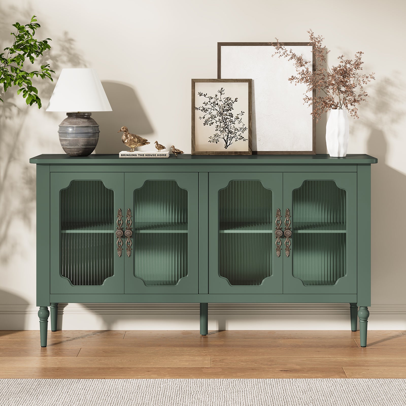 CBJCBJ Retro 58'' Wood Sideboard Buffet Cabinet,Storage Cabinet with Glass Doors for Living Dining & Bedroom,Green