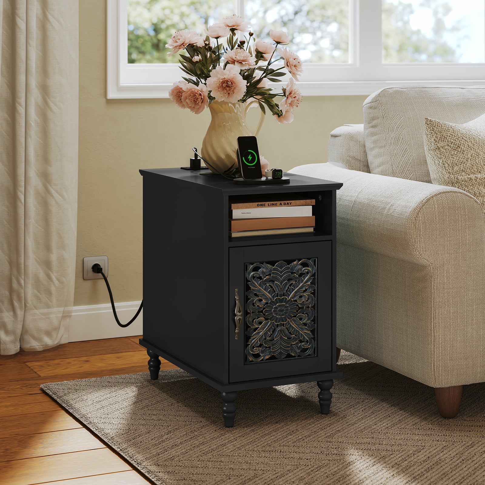 HLR 13.77" Nightstand with Charging Station, Modern Black End / BedSide Table for Living Room