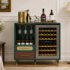 HLR Modern Coffee Bar Cabinet with Mini Fridge Space and Rattan Drawer for Dining Room, Green