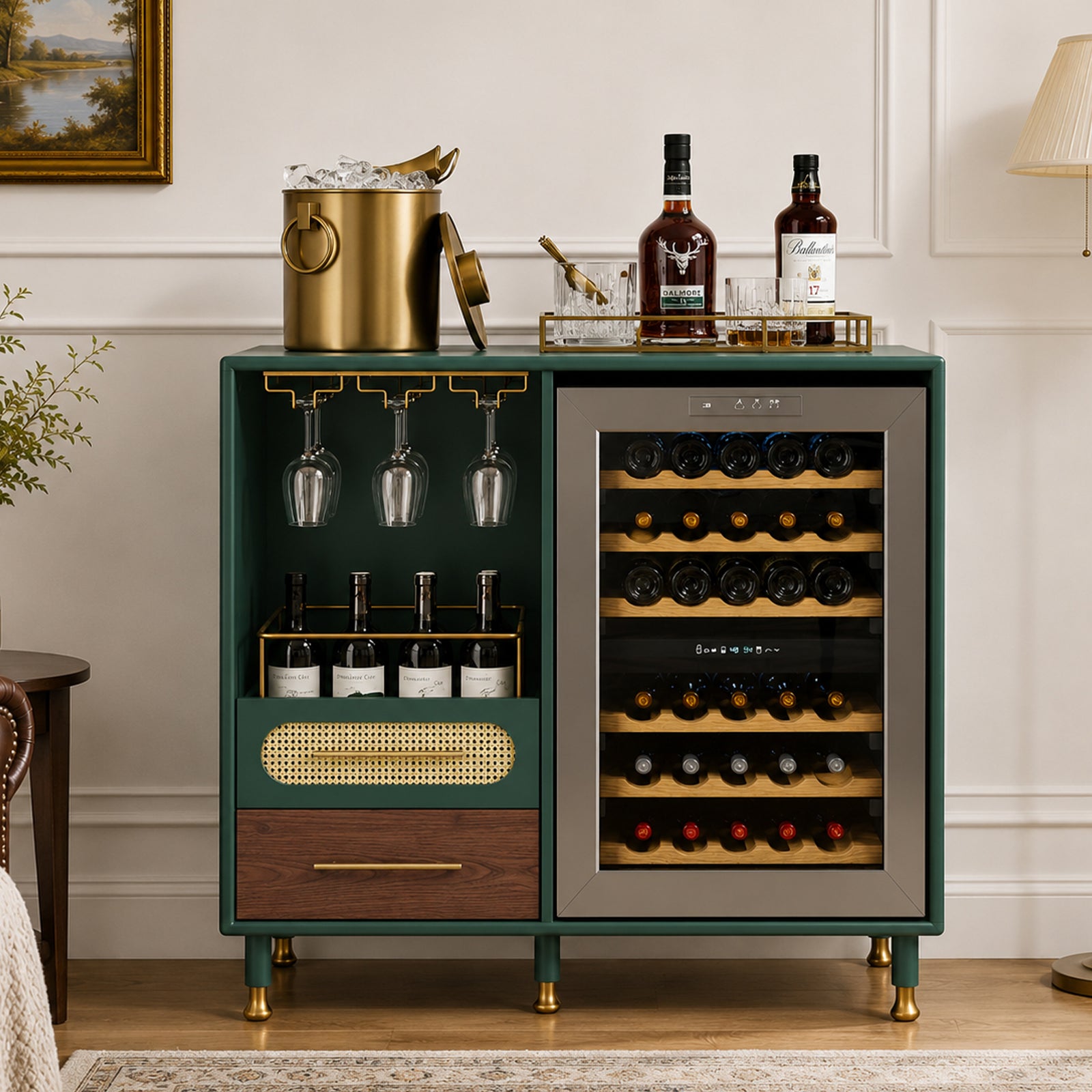 HLR Modern Coffee Bar Cabinet with Mini Fridge Space and Rattan Drawer for Dining Room, Green