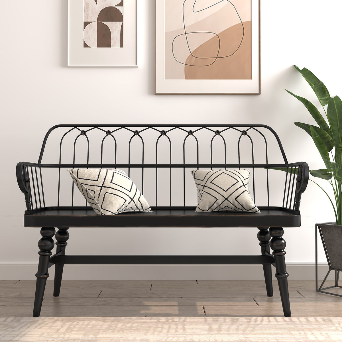 HLR Farmhouse Entryway Bench, Spindle Back Support Wood Dining Benches for Living Room, Mudroom, Black