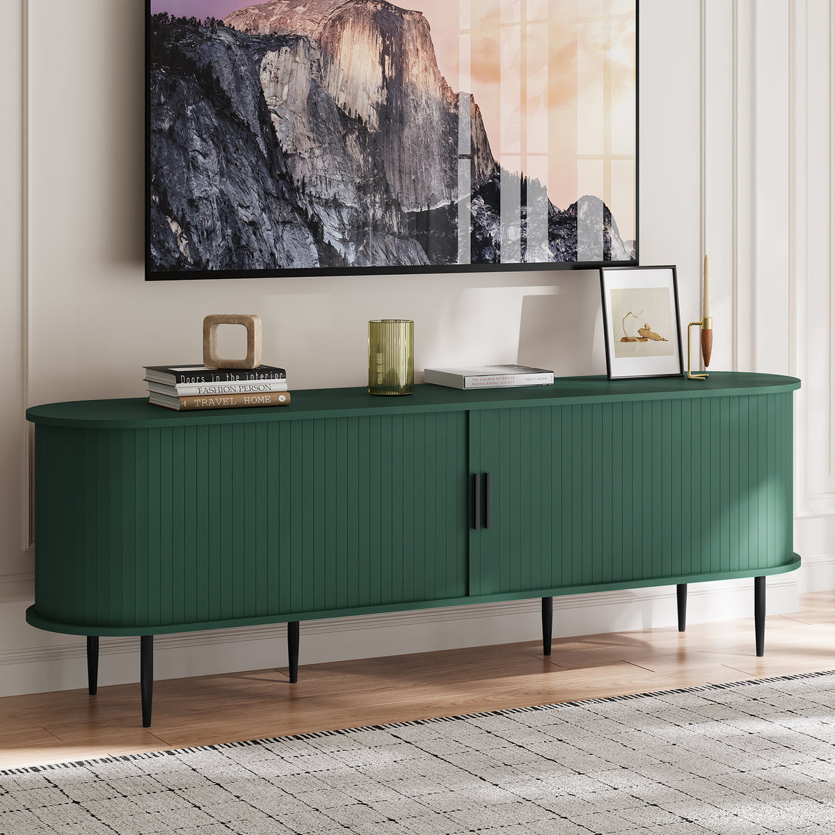 HLR 63" Green TV Stand for 75" TV, Wood Entertainment Center with 2 Sliding Tambour Doors Storage, Mid-Century