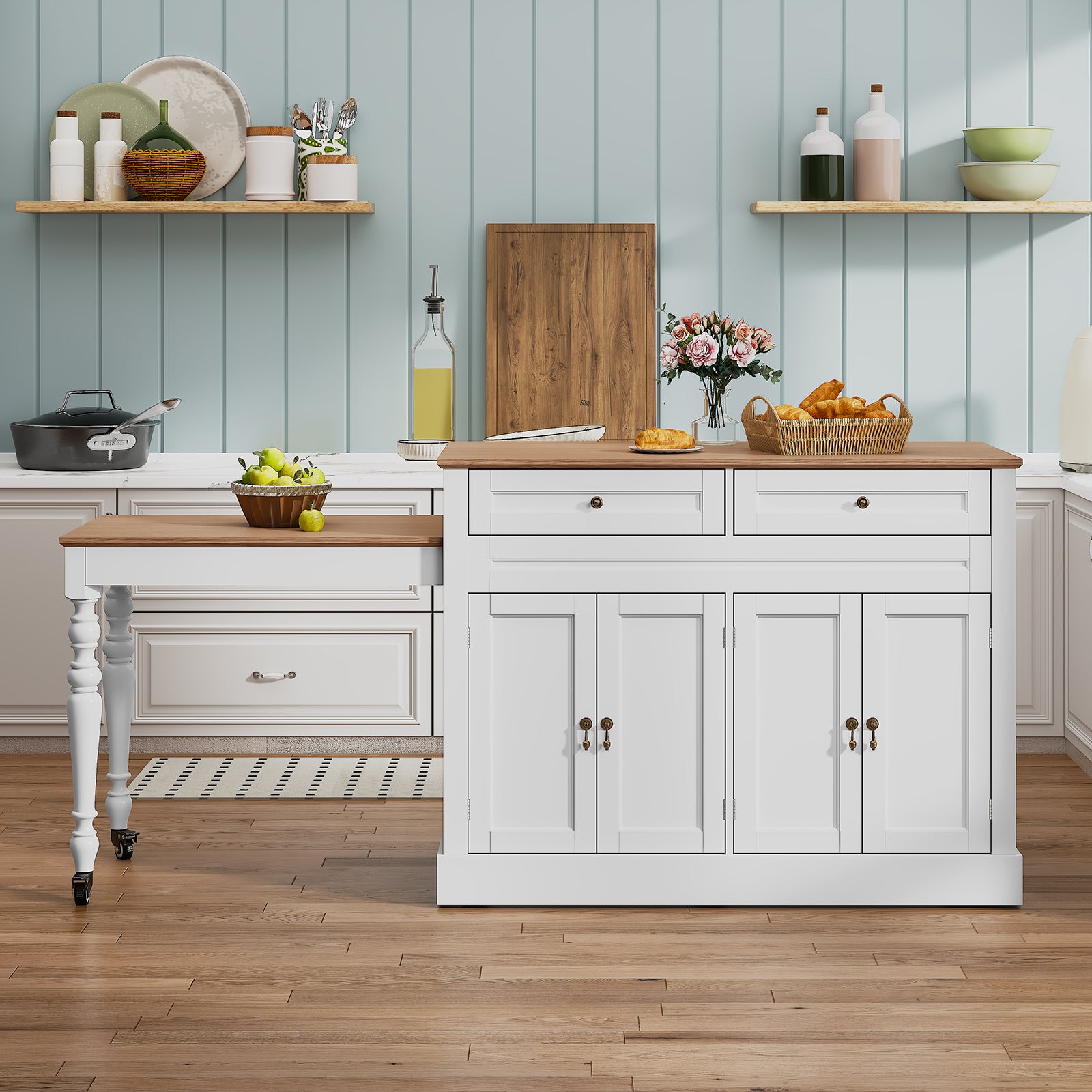 CBJCBJ Modern Extendable Kitchen Islands on Wheels with Power Outlet, Dining Table Cart with 4 Doors Storage, White