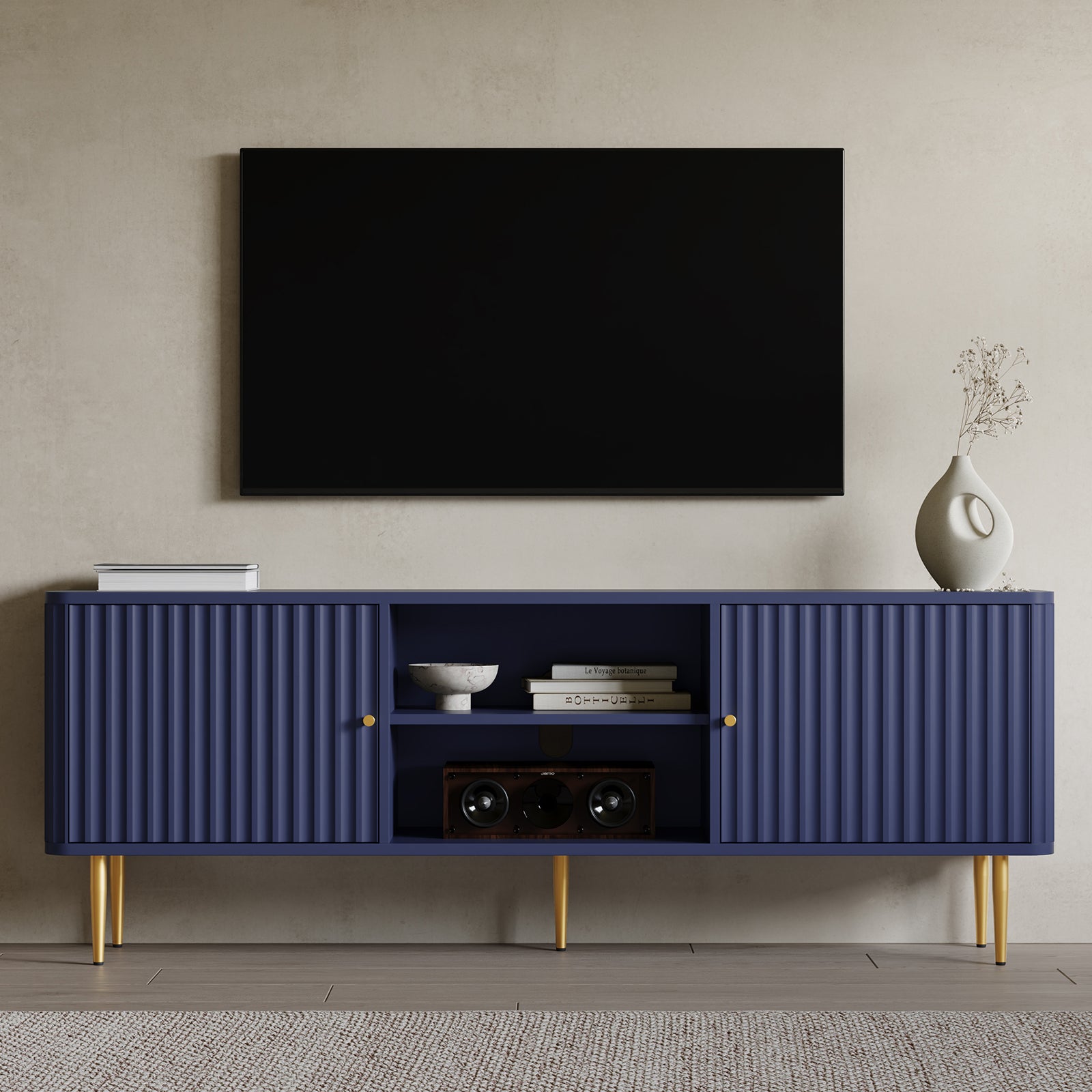 CBJCBJ Modern Fluted 67" TV Stand for 75" TV with Storage, Entertainment Center for Living Room,Blue