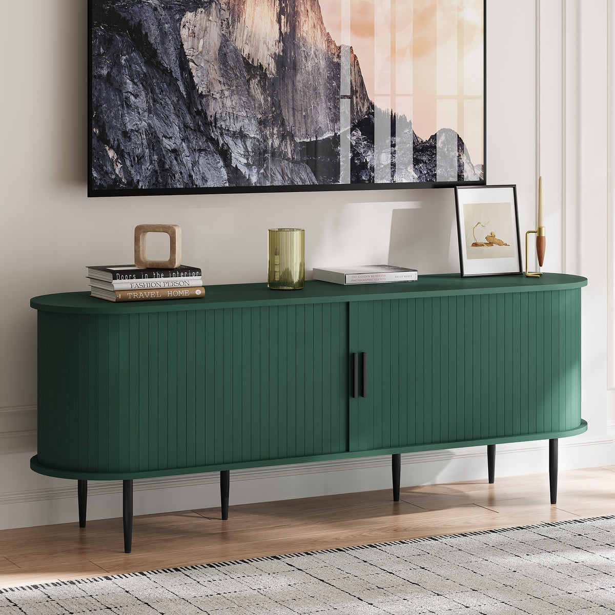 HLR 55" Green TV Stand for 65" TV, Wood Entertainment Center with 2 Sliding Tambour Doors Storage, Mid-Century