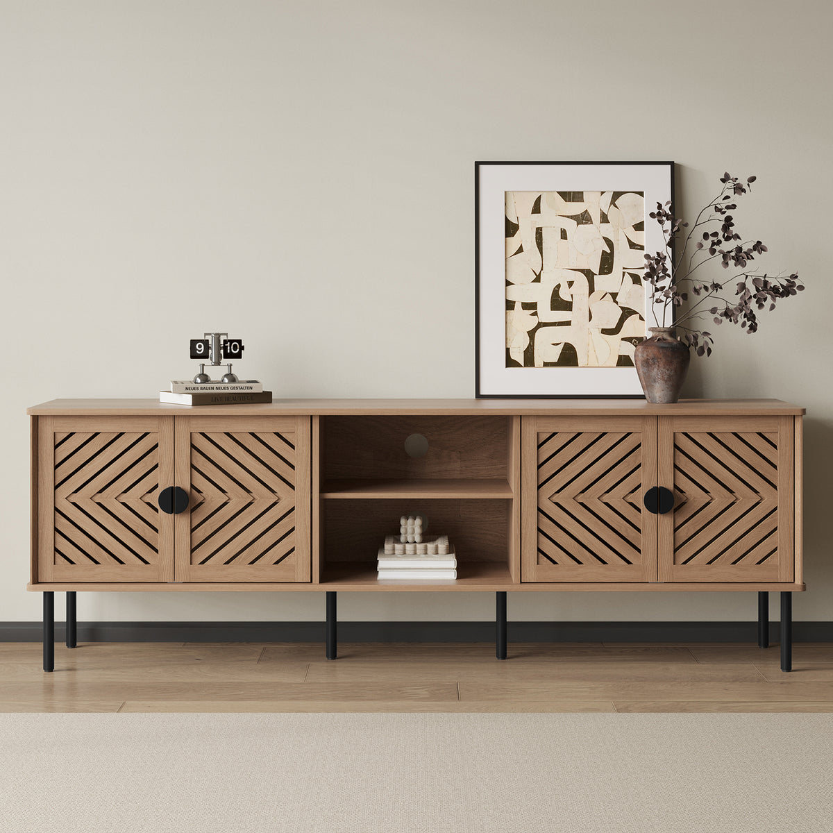 HLR Mid Century Modern 70" Large TV Stand for 80 Inch TV, Entertainment Center with Storage, Walnut